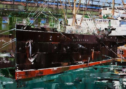 Oil painting of RMS Carpathia by Volodymyr Gluhomanyuk, dark cargo ship docked