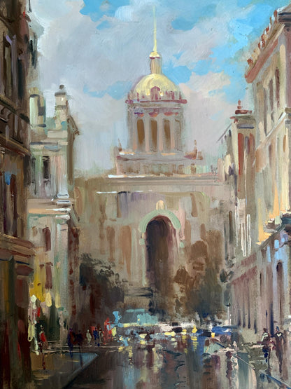 Oil painting of golden-domed City Hall by Yuriy Suprunchuk on bustling street