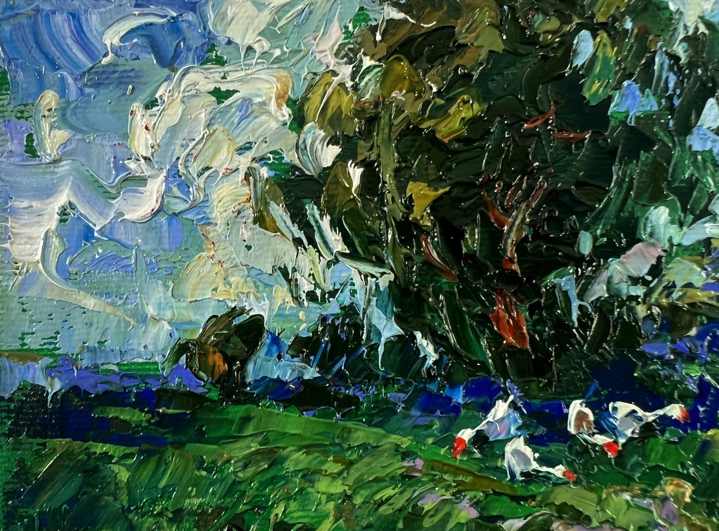 Oil painting Before the Storm by Oleksiy Ivanyuk with green foliage and birds