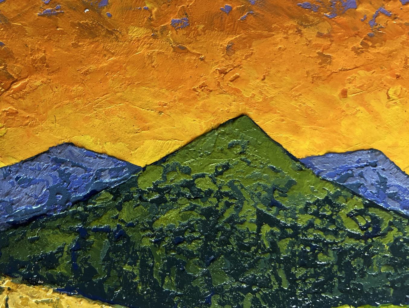 Vibrant oil painting of sunset hues over textured summer mountains by V. Zadorozhnya