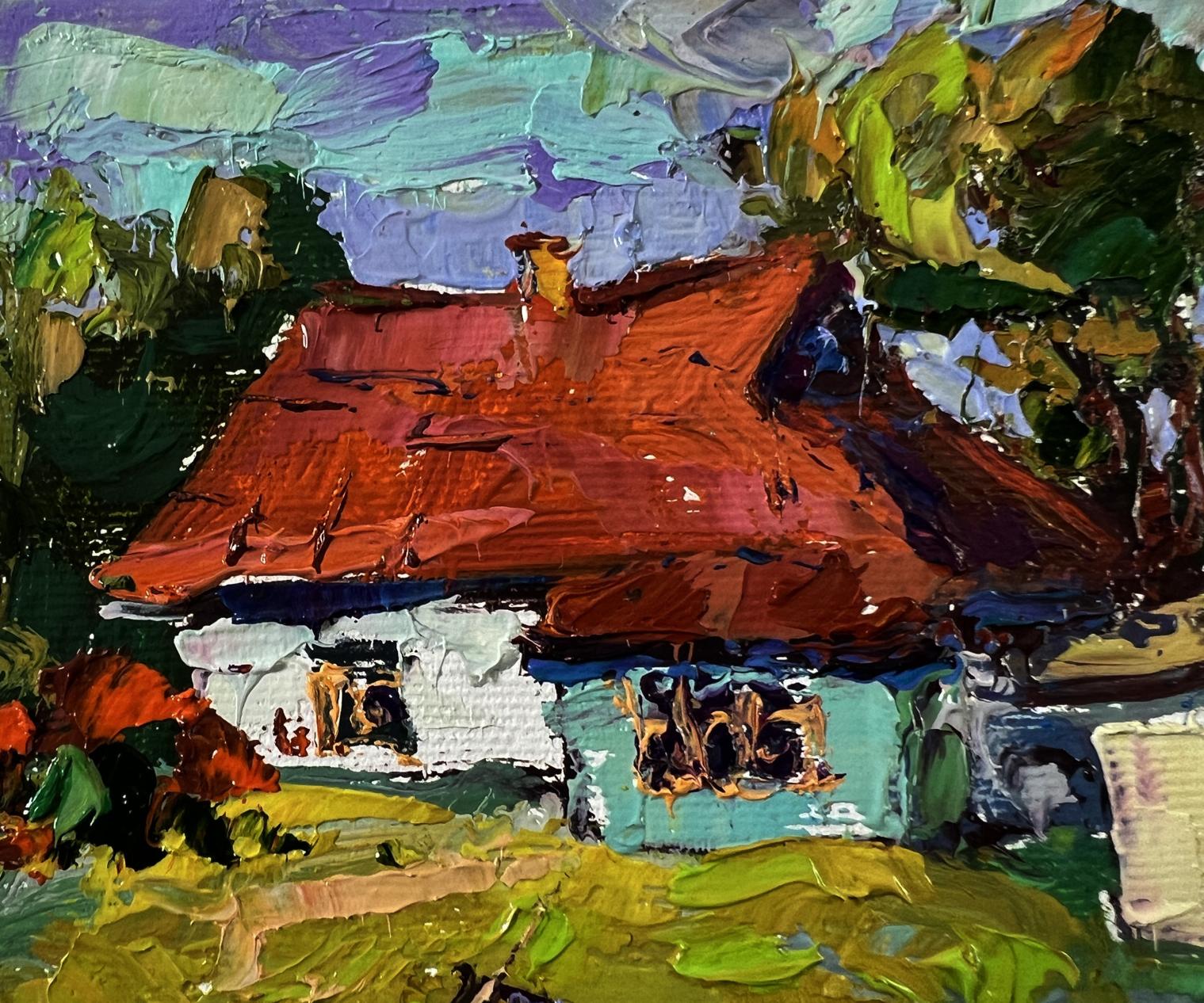 Oil painting of Oksana Ivanyuk quiet village courtyard with rustic white cottage