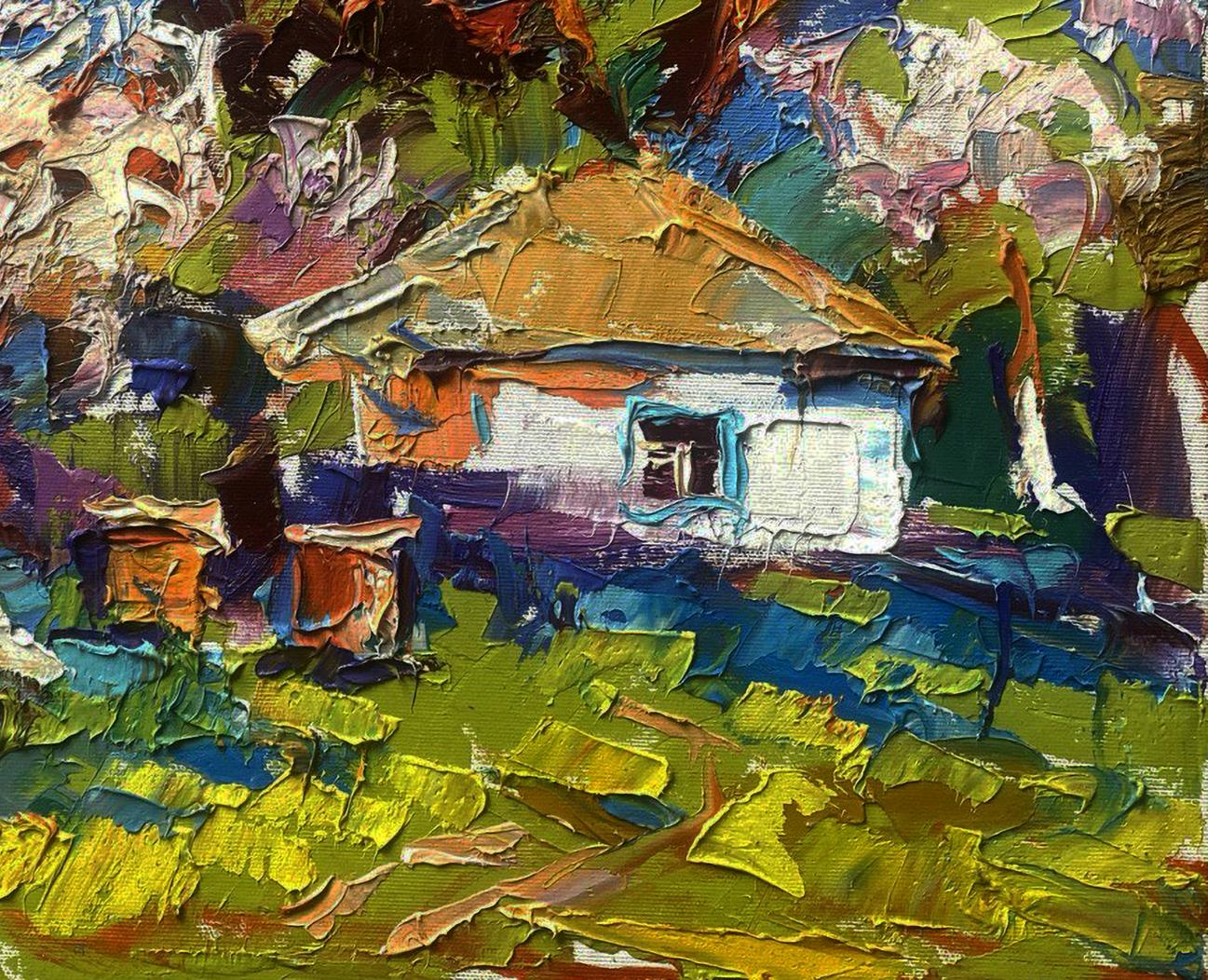 Oil painting The earth is waking up spring has come by Oleksiy Ivanyuk, white house in impasto greens