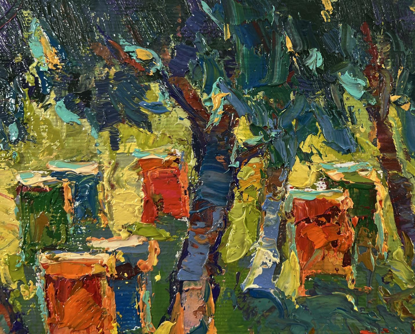 Vibrant impressionist oil painting Apiary in the forest by Oksana Ivanyuk