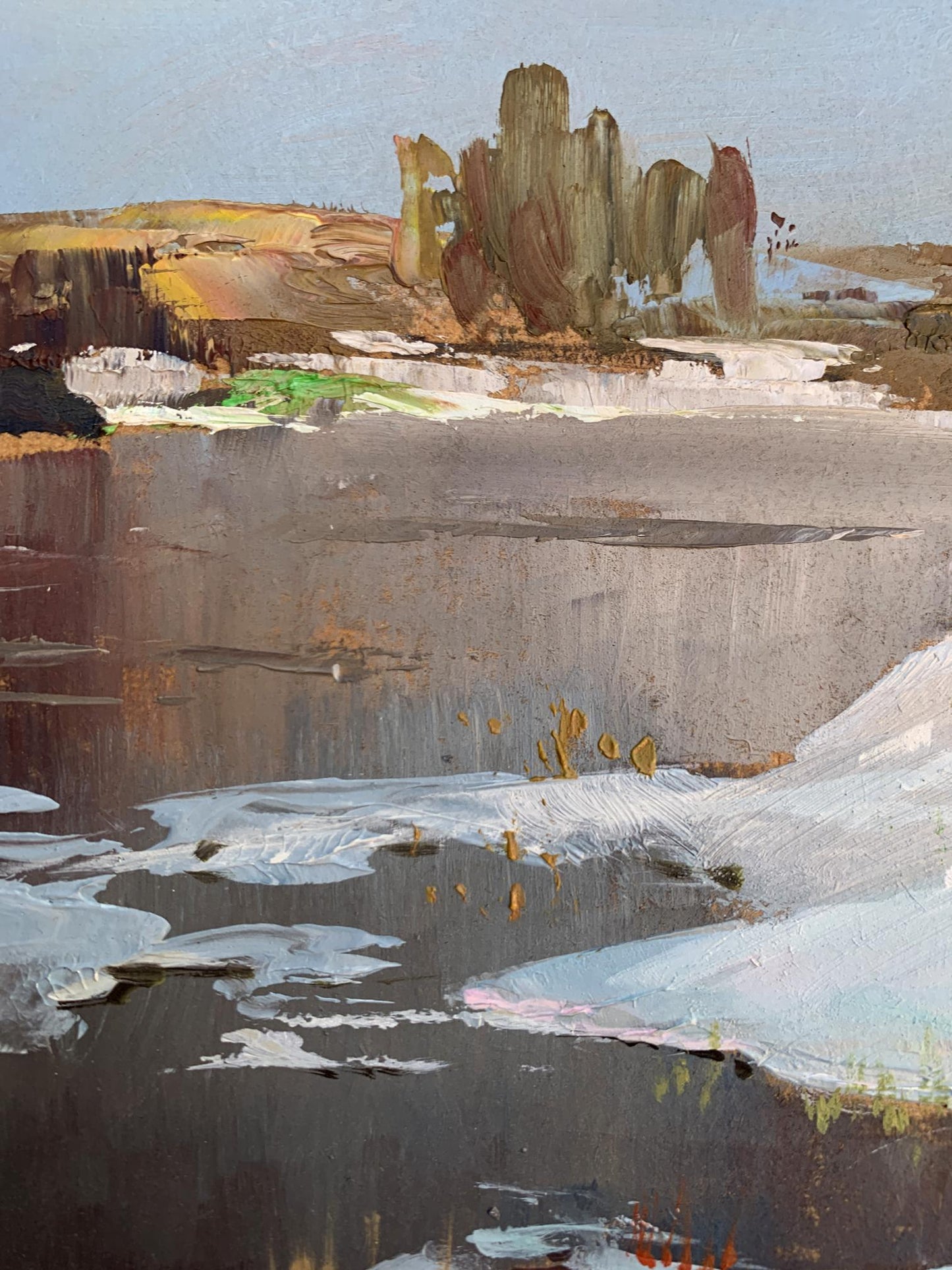 Thawed river oil painting by Yuriy Suprunchuk, rugged snow-dusted landscape