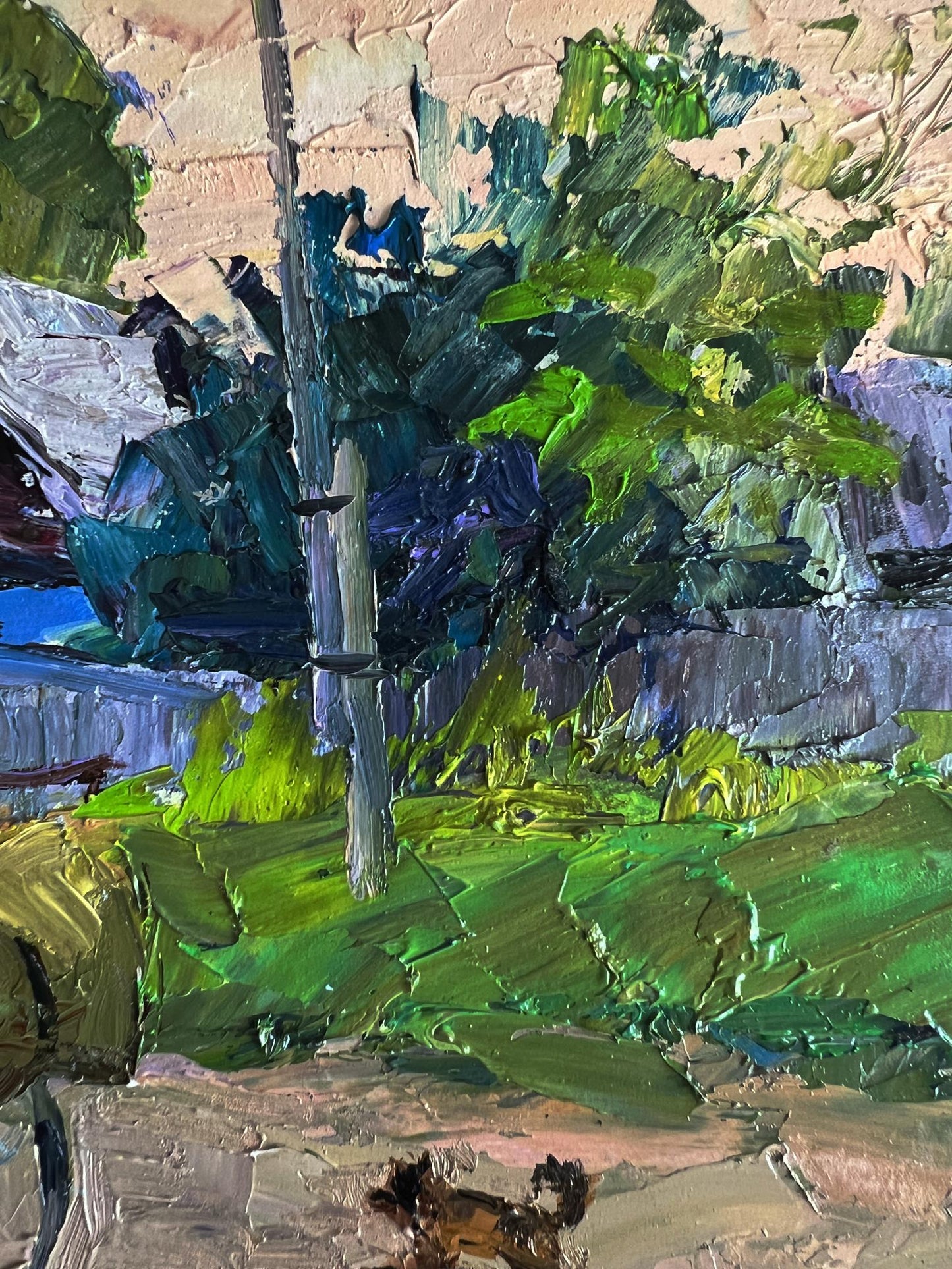 Vibrant impressionist oil painting of country life with dog by Boris Serdyuk