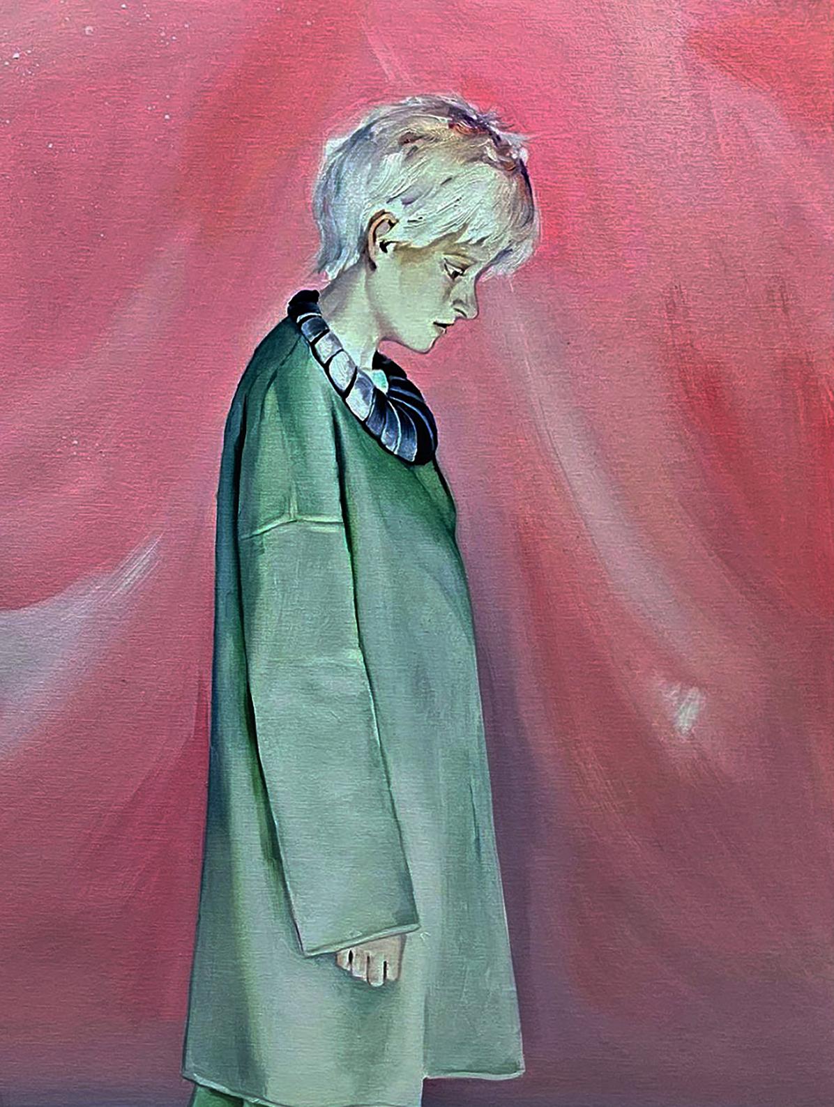 Oil painting by Igor Konovalov of person in olive-green coat with striped collar