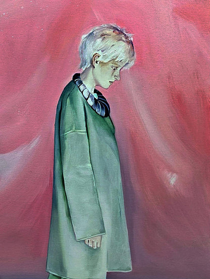 Oil painting by Igor Konovalov of person in olive-green coat with striped collar