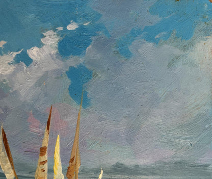 Oil painting of sailboats at sea with blue cloudy sky by Yuriy Suprunchuk