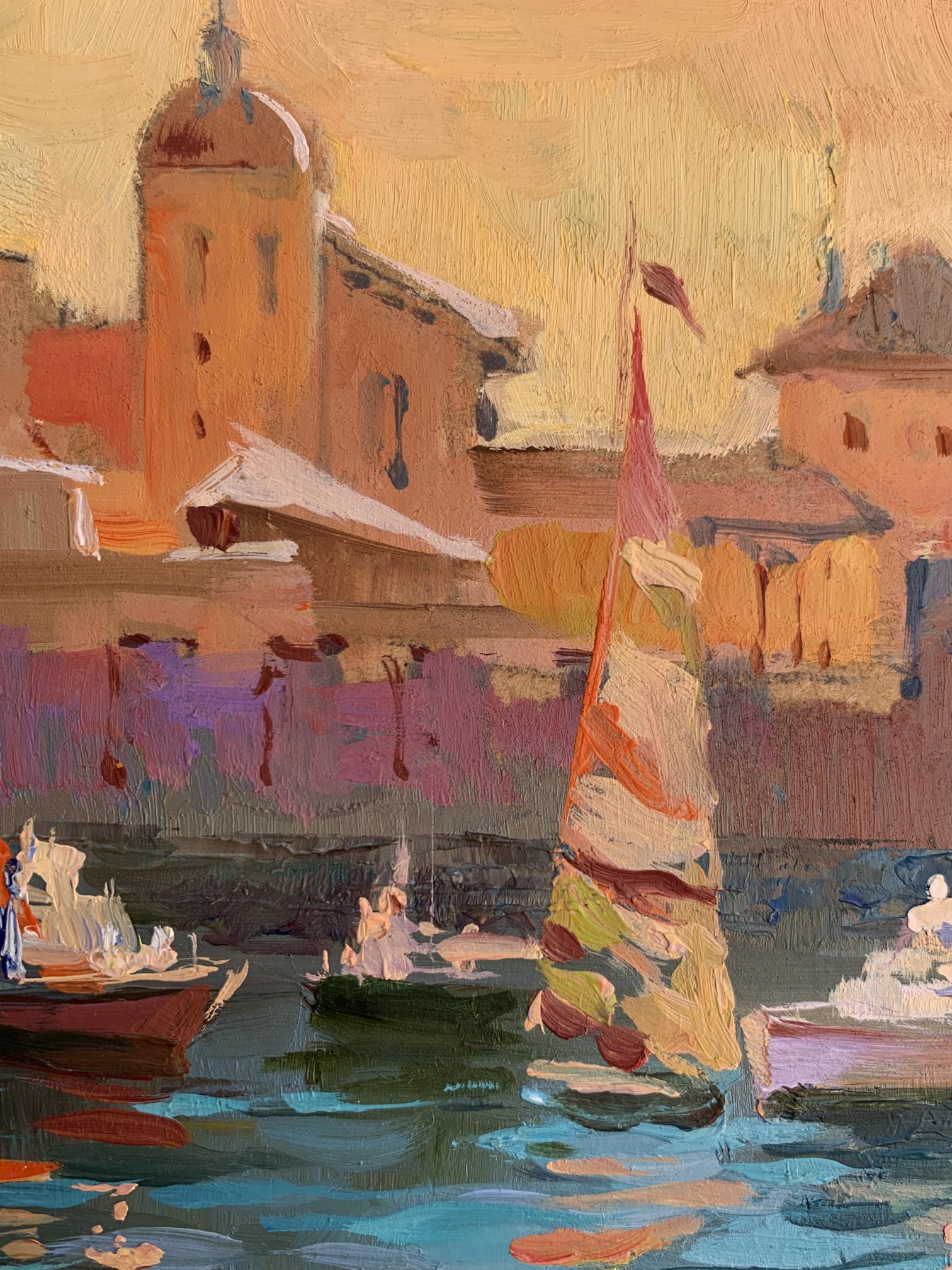 Oil painting Evening at the Yacht Club by Yuriy Suprunchuk vibrant sailboat