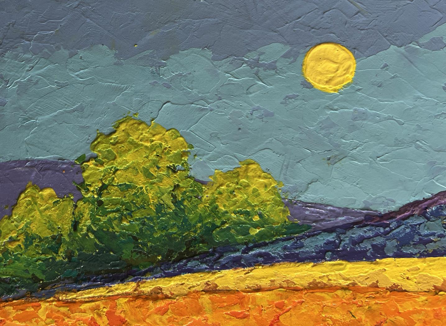 Oil painting In the field observing beauty by V. Zadorozhnya: yellow sun, teal sky, green foliage