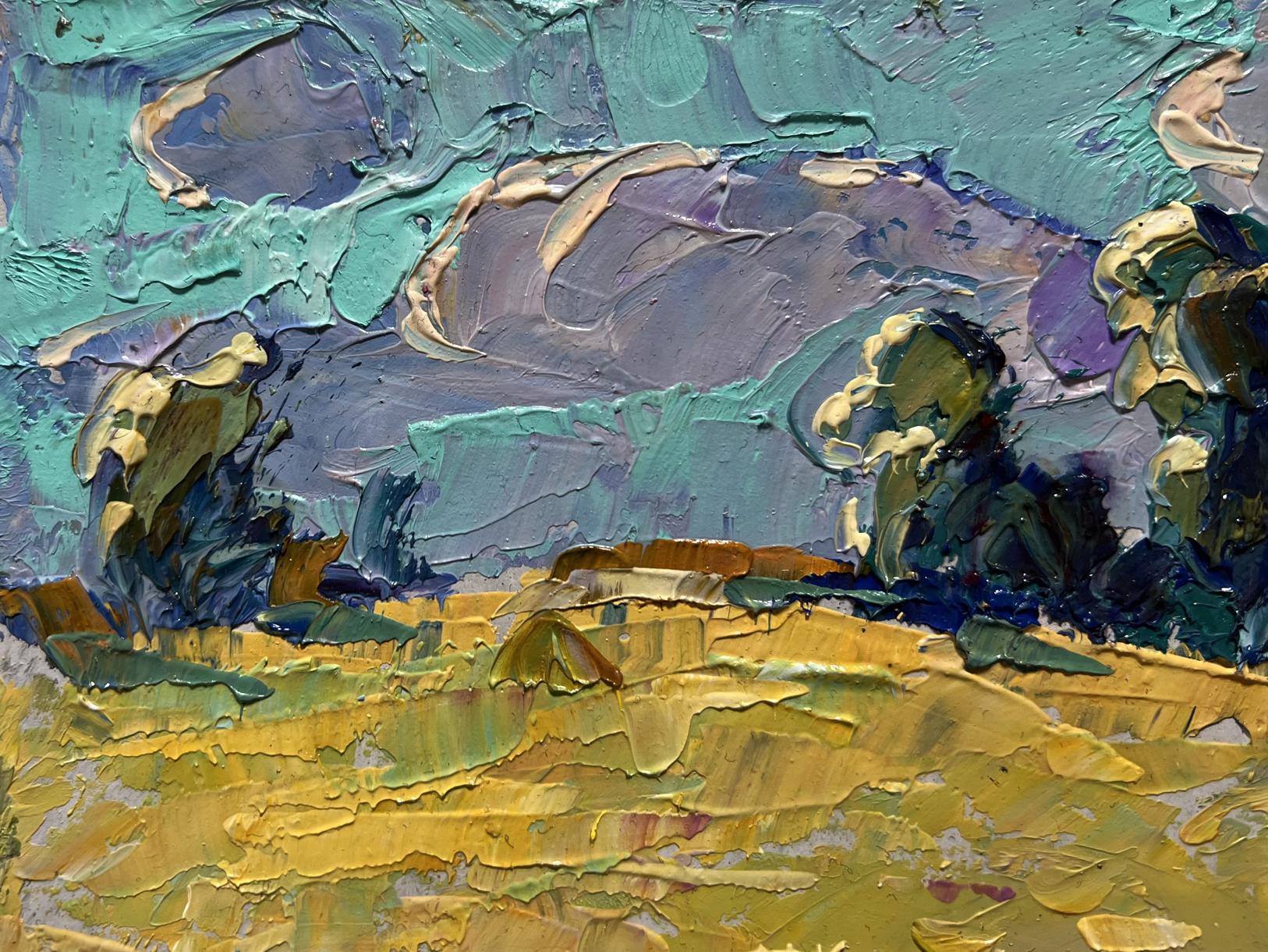 Oleksiy Ivanyuk oil painting In the morning in a wheat field in teal purple gold