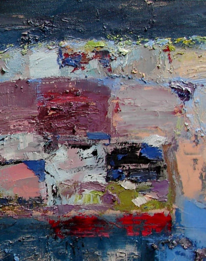 Oil painting Winter landscape by Tatyana Shulyak abstract expressionist textured blues reds