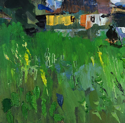 Oil painting by Yuriy Suprunchuk: vibrant green rural field with huts, cattle