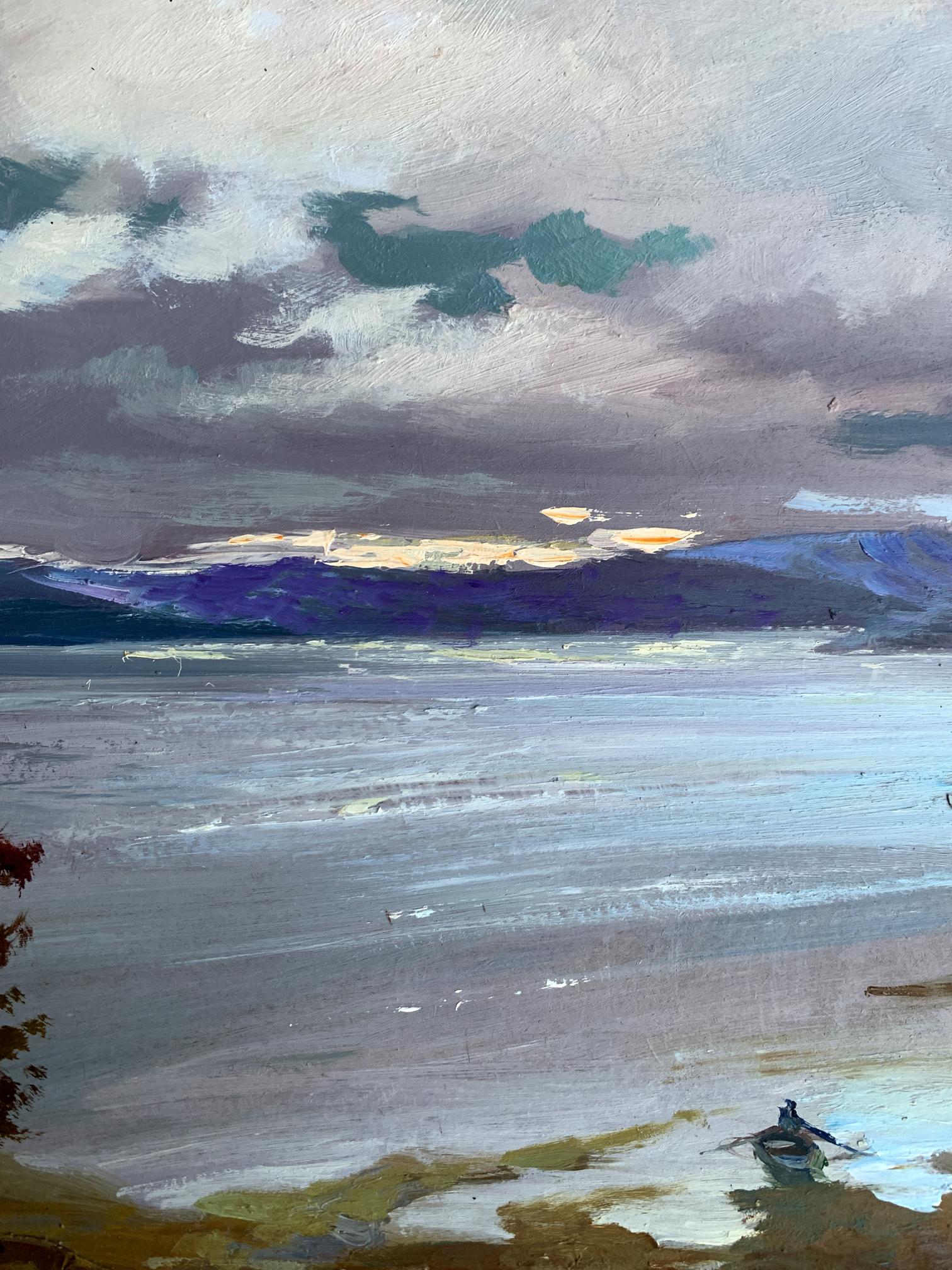 Serene oil painting by Yuriy Suprunchuk: rowboat on river shore with mountains