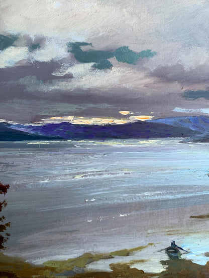 Serene oil painting by Yuriy Suprunchuk: rowboat on river shore with mountains