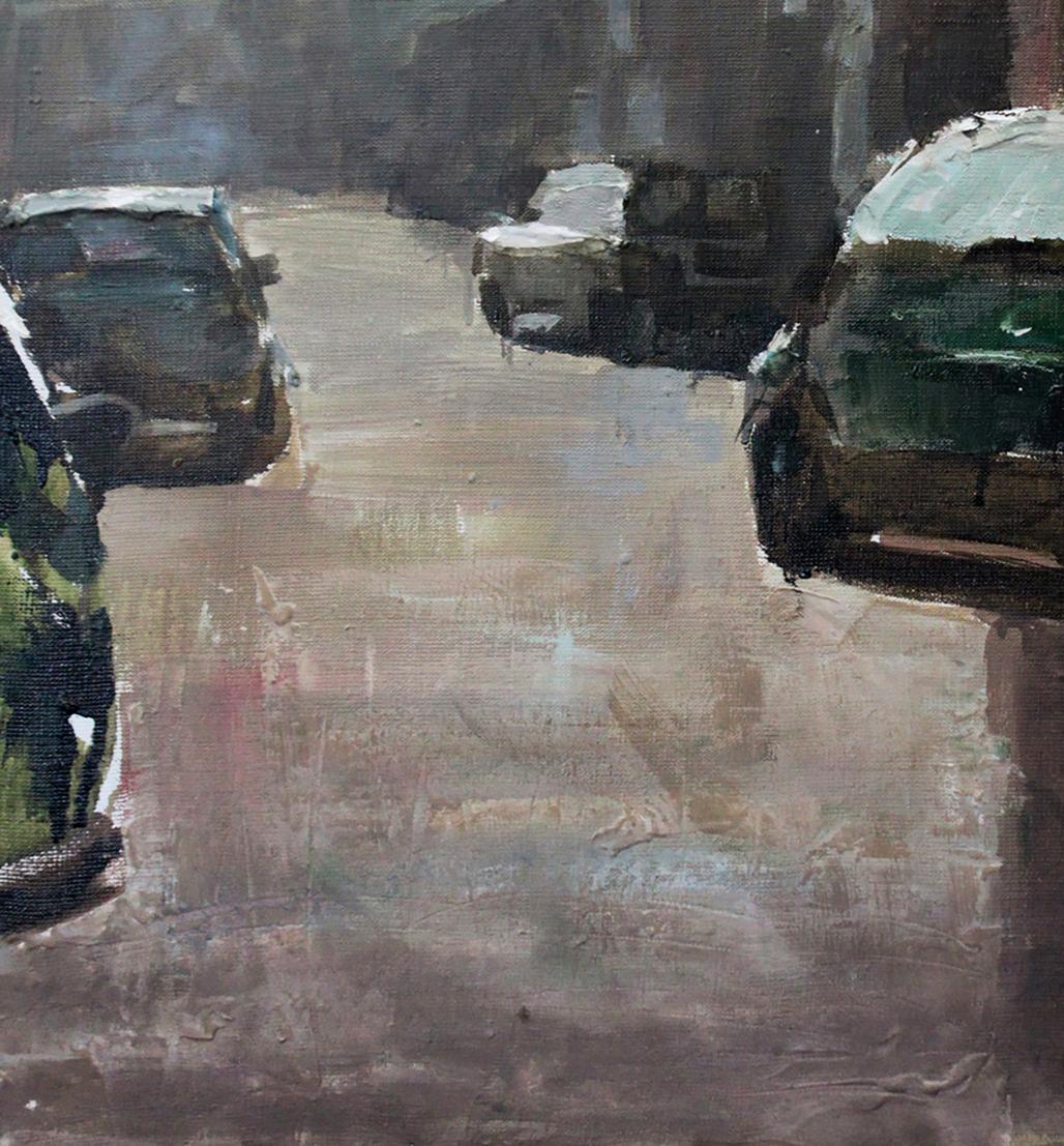 Moody oil painting of wet street cars by Ed Potapenkov in grays and greens