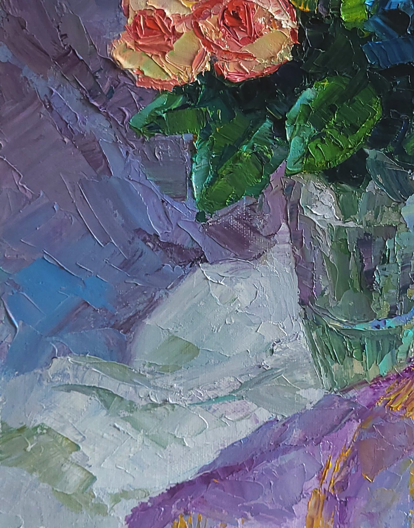 Vibrant impressionist oil painting of pink peach roses in crystal by Boris Serdyuk