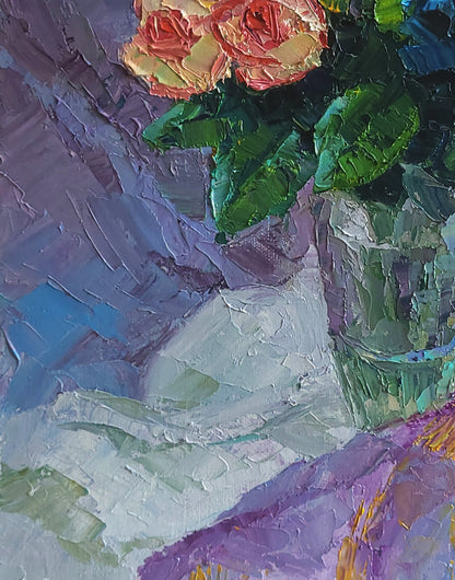 Vibrant impressionist oil painting of pink peach roses in crystal by Boris Serdyuk