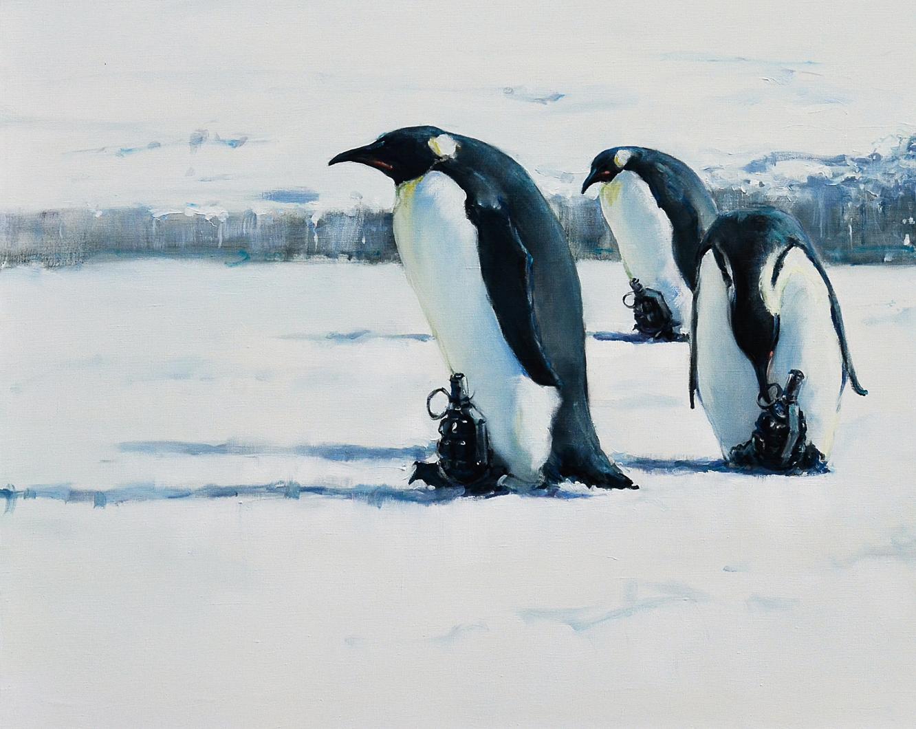 Three emperor penguins with grenades in snowy landscape, Cold Gulf Stream oil painting by Oleg Kateryniuk