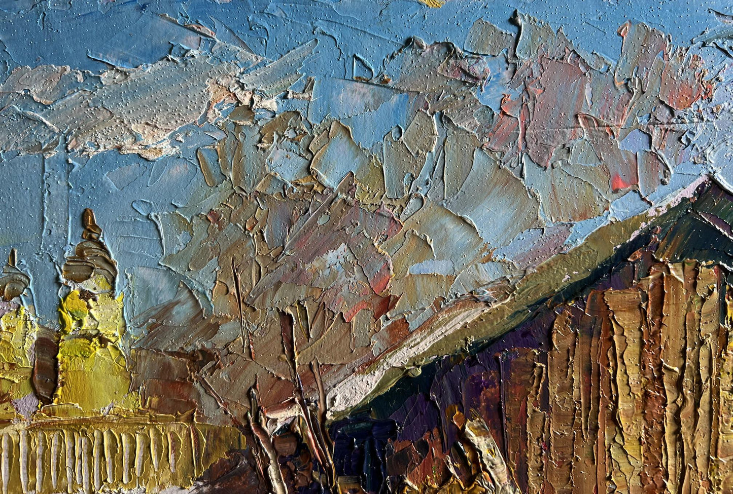 Oil painting It snowed in the city by Boris Serdyuk, golden spire and cracked sky