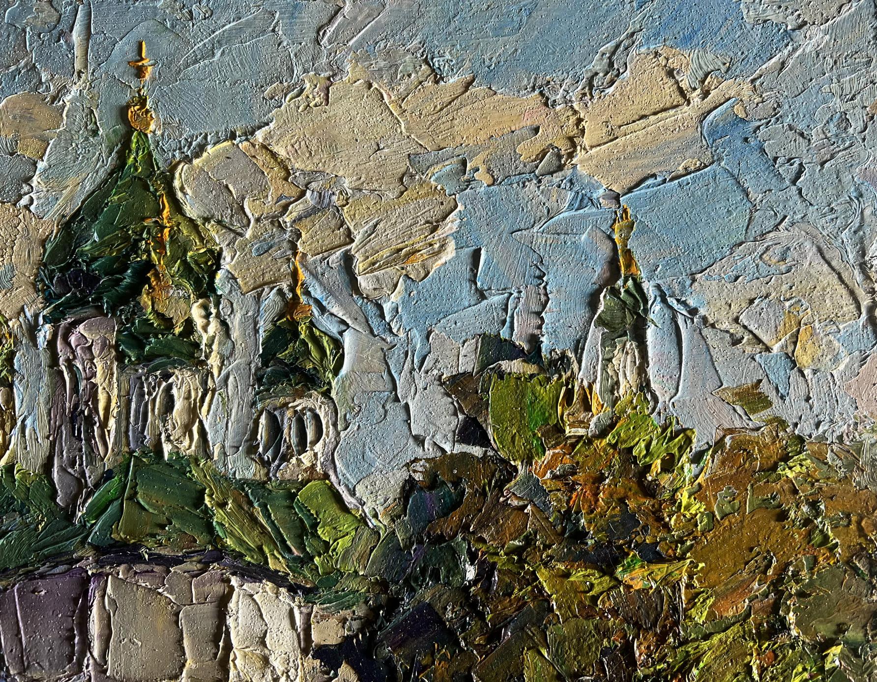 Oil painting Morning near the temple by Boris Serdyuk, green-roofed church