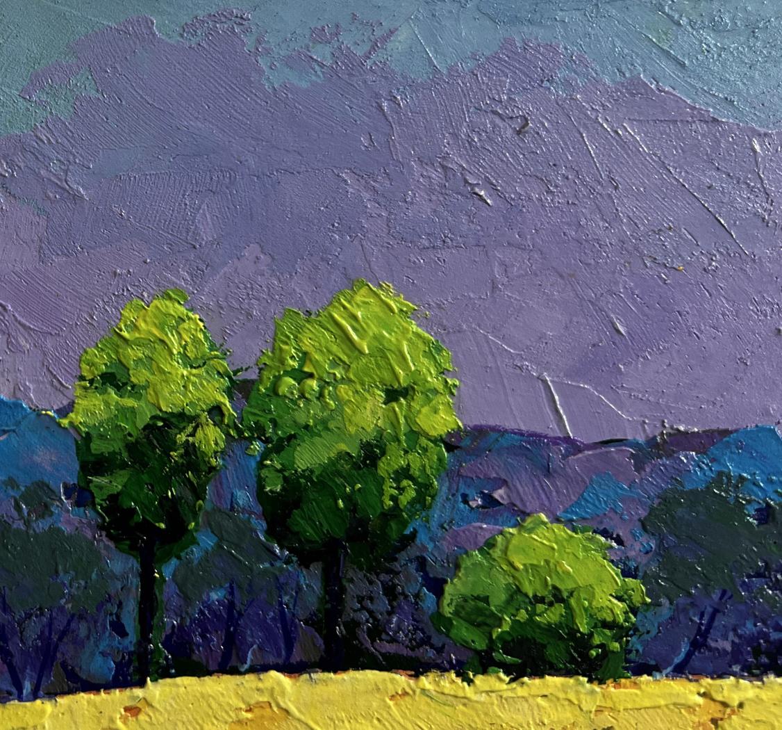 Vibrant impasto oil painting of green trees, purple sky, blue hills by V. Zadorozhnya