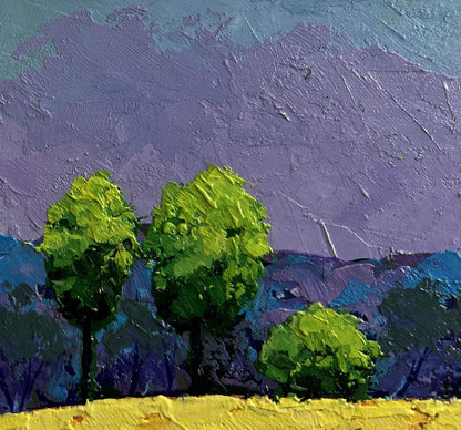 Vibrant impasto oil painting of green trees, purple sky, blue hills by V. Zadorozhnya