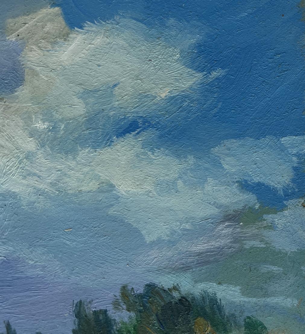 Textured oil painting by Yuriy Suprunchuk: sun shines through blue sky clouds