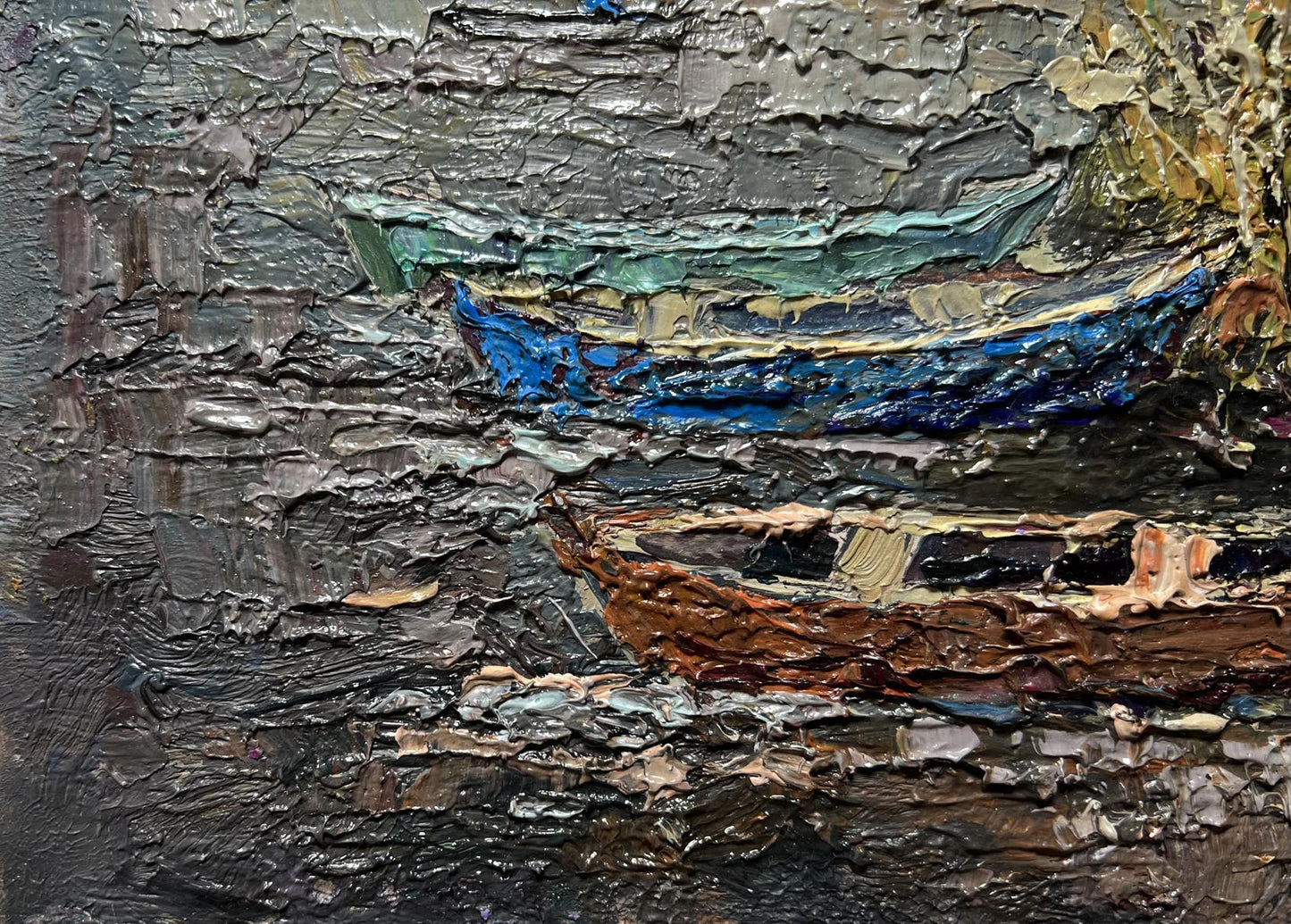 Oil painting Autumn melancholy by Oksana Ivanyuk with textured boats