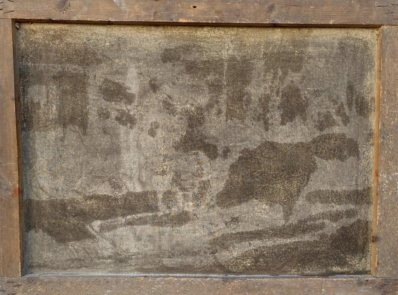 Weathered gray canvas in rustic frame, Oil painting Courtship by the pond