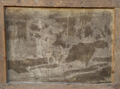 Weathered gray canvas in rustic frame, Oil painting Courtship by the pond