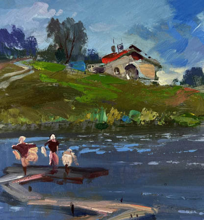Oil painting by Yuriy Suprunchuk: rustic red-roofed house on green hillside