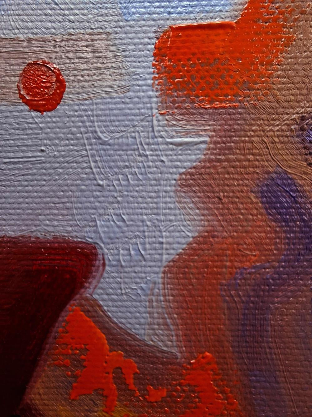 Oil painting Periscope of Consciousness by Sergiy Voichenko, orange red strokes on gray textured canvas