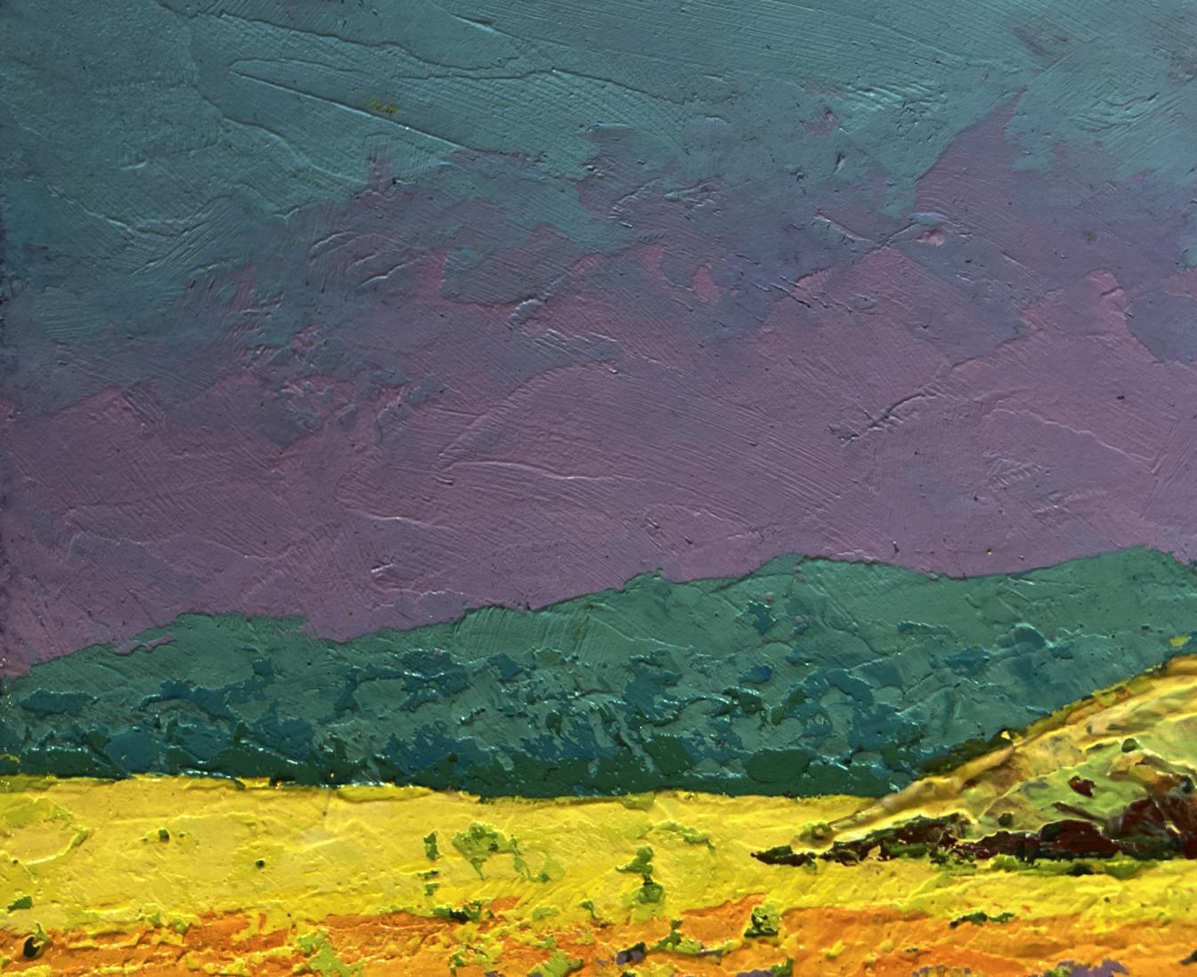 Oil painting Pink sunset in the field by V. Zadorozhnya, teal to purple sky over green hills