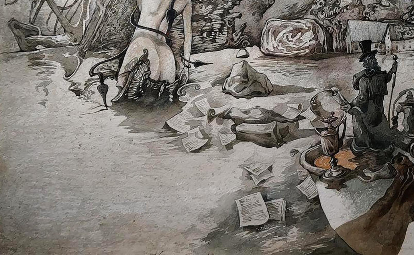 Surreal black-and-white dreamlike scene by Yuriy Laptev, Musics Caprice watercolor