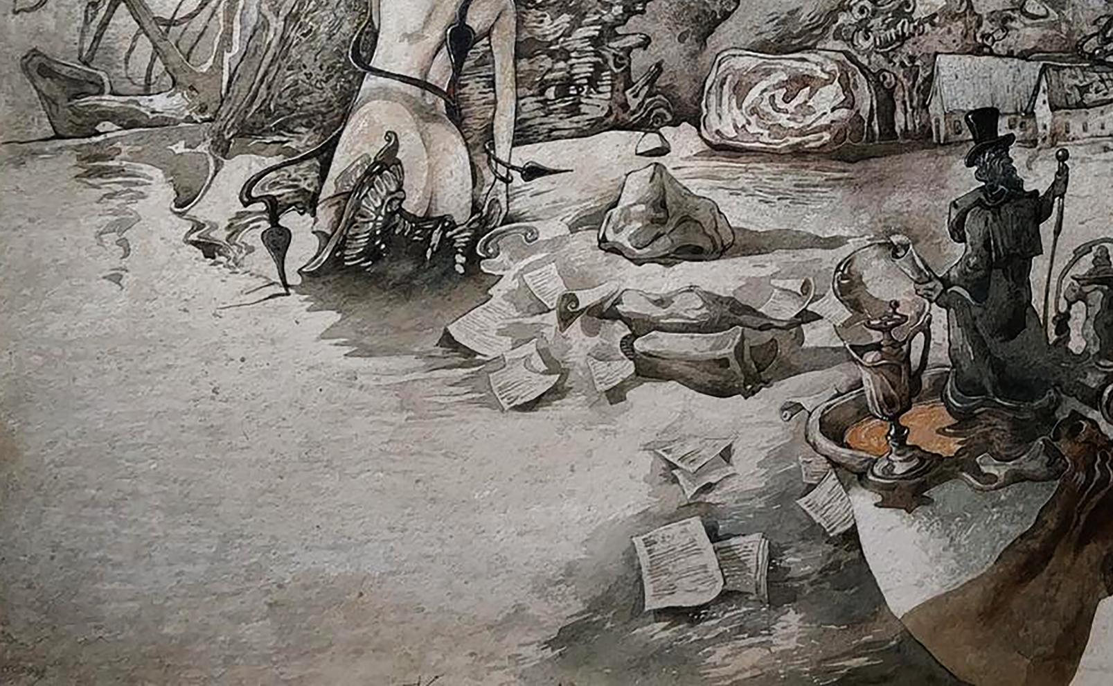 Surreal black-and-white dreamlike scene by Yuriy Laptev, Musics Caprice watercolor
