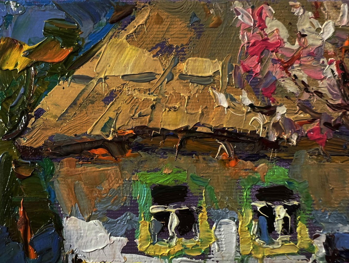 Oil painting House in the village by Oksana Ivanyuk with pink blossoms