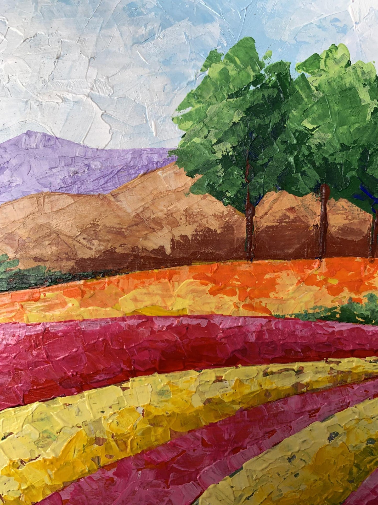 Vibrant oil painting of mountain fields by V. Zadorozhnya in bold reds and yellows