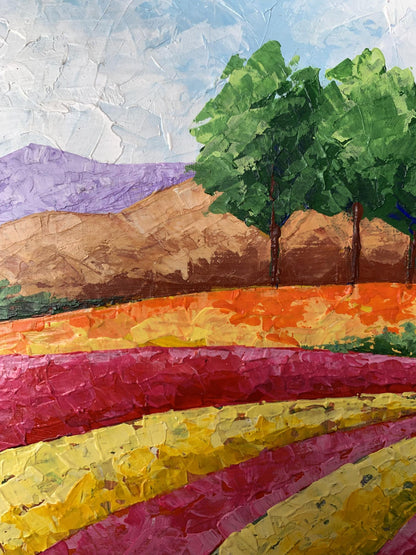 Vibrant oil painting of mountain fields by V. Zadorozhnya in bold reds and yellows