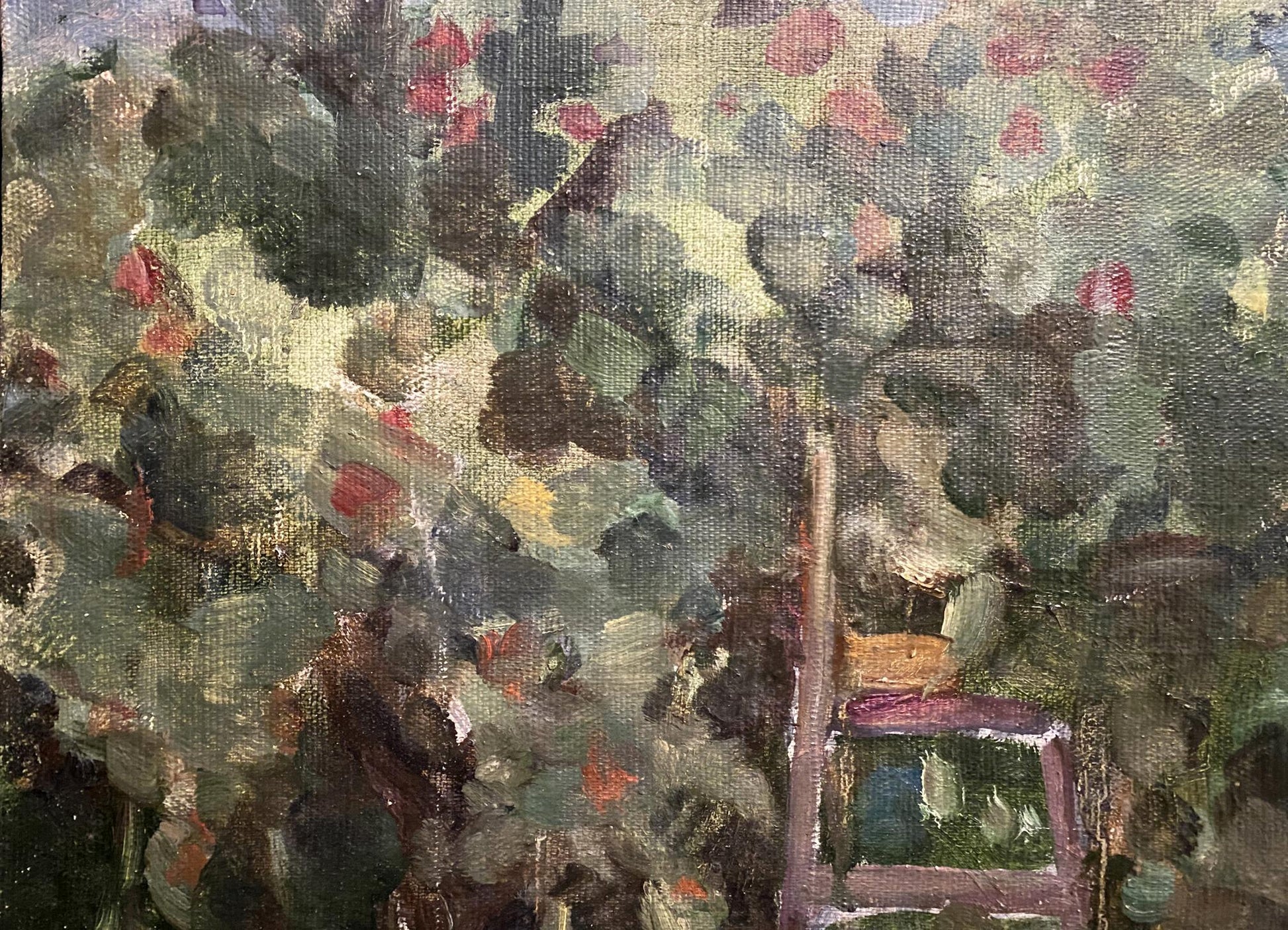 A garden setting portrayed in oil paint