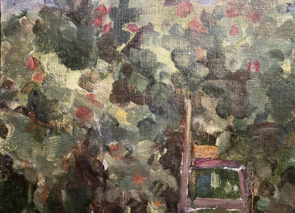 A garden setting portrayed in oil paint