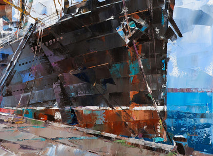 Oil painting of rusty teal passenger ship in port by Volodymyr Gluhomanyuk