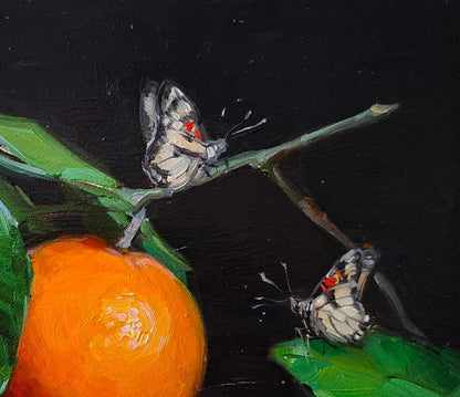 Oil painting Orange and butterflies by Vyacheslav Pereta with fruit and butterflies