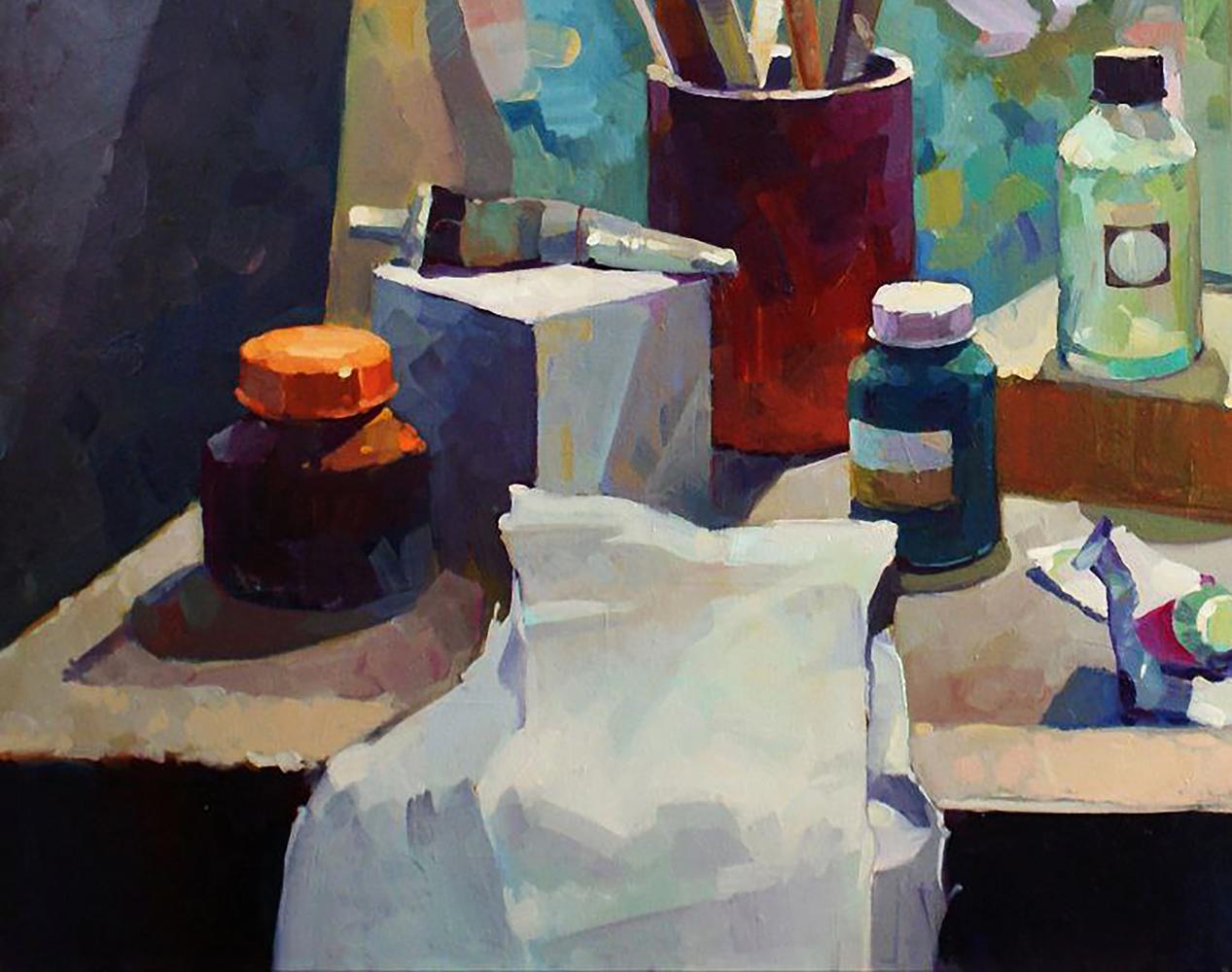 Oil painting by Anastasia Yaroshevich: crumpled white paper bag on wood