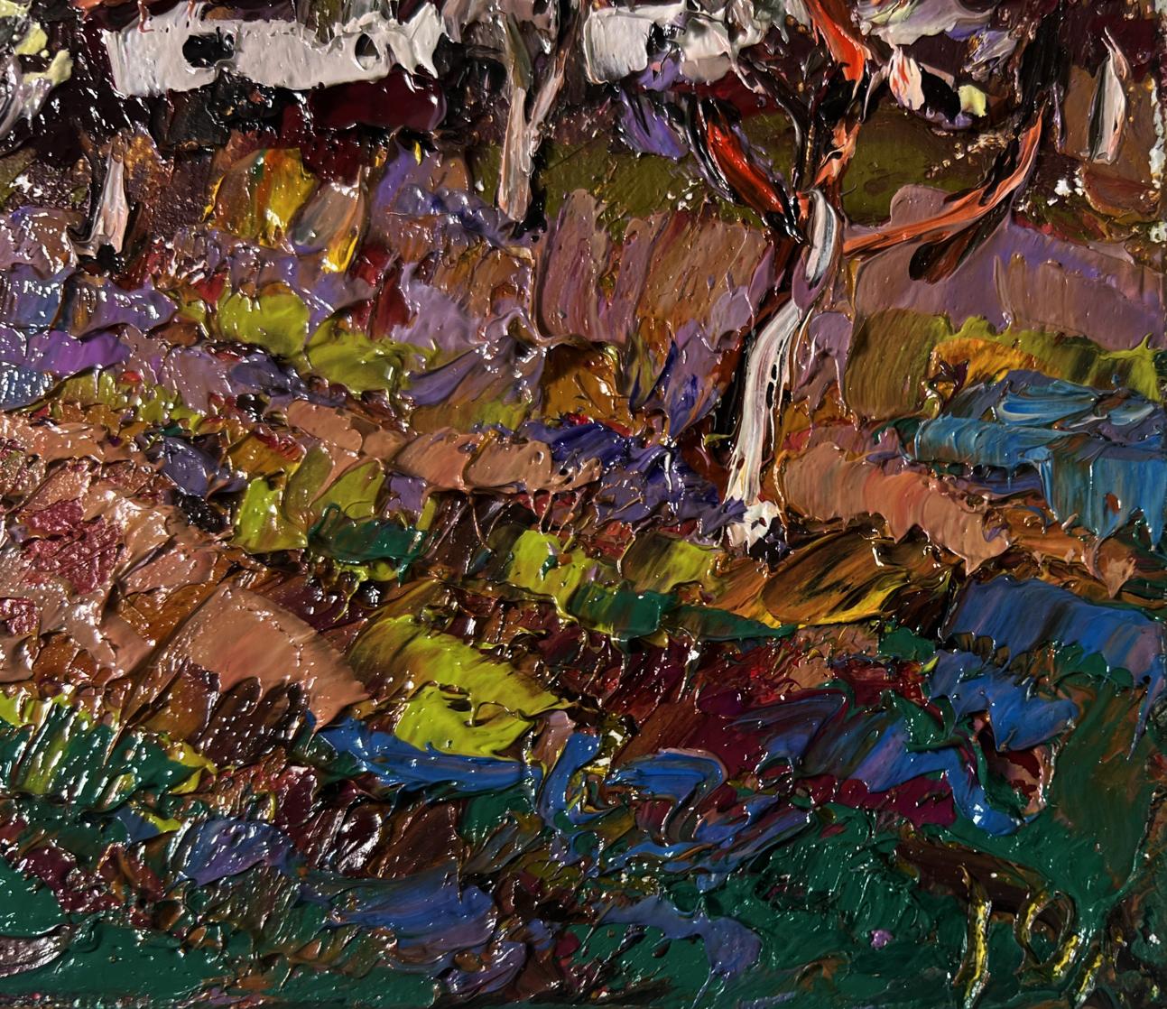 Vibrant oil painting Gardens in Bloom by Oleksiy Ivanyuk, bold green blue purple brown strokes