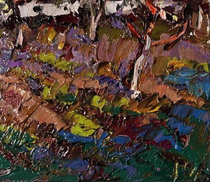 Vibrant oil painting Gardens in Bloom by Oleksiy Ivanyuk, bold green blue purple brown strokes
