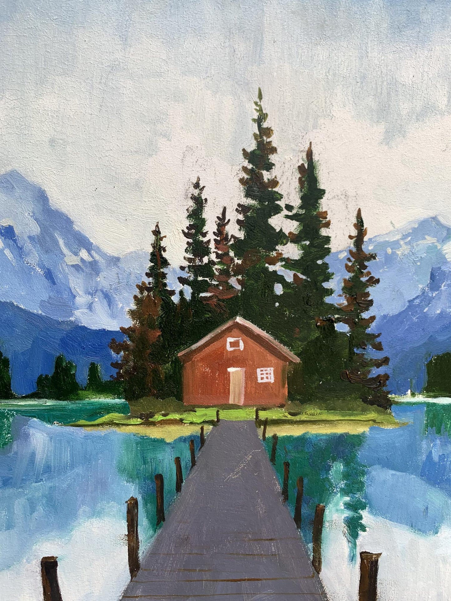 Oil painting of cozy red hut on lake island by Tatyana Derdey