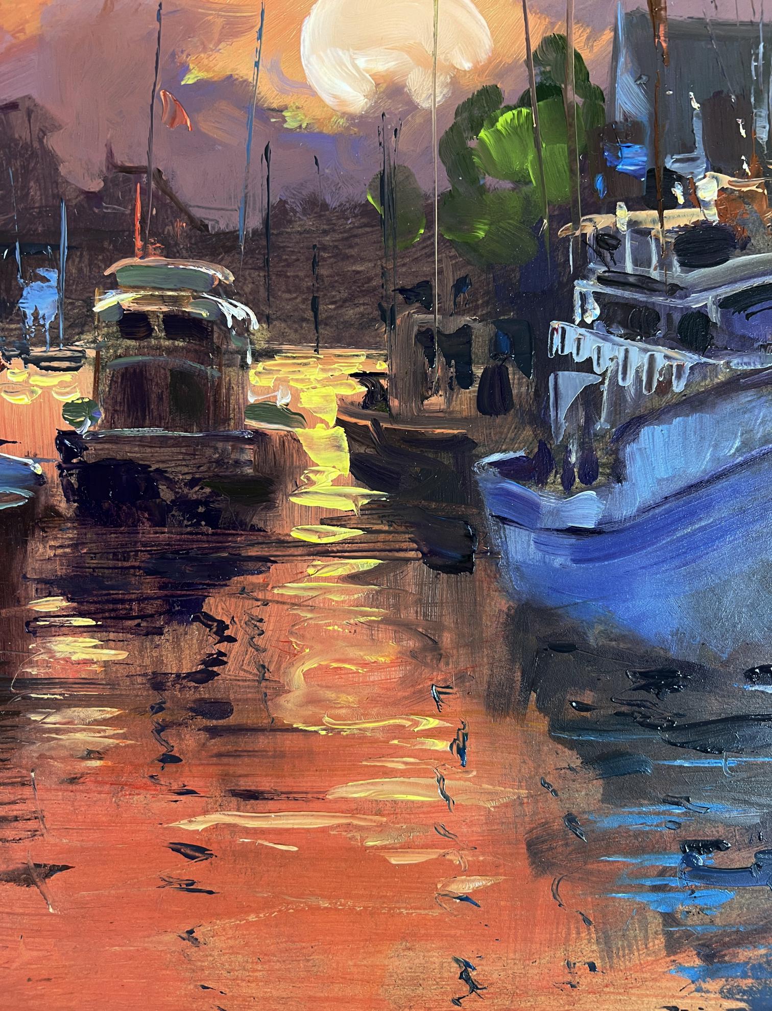 Oil painting Ferry with romantic sunset by Yuriy Suprunchuk