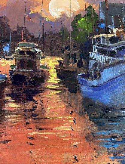 Oil painting Ferry with romantic sunset by Yuriy Suprunchuk