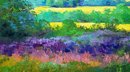 Vibrant impressionist oil painting of rapeseed fields by Boris Serdyuk